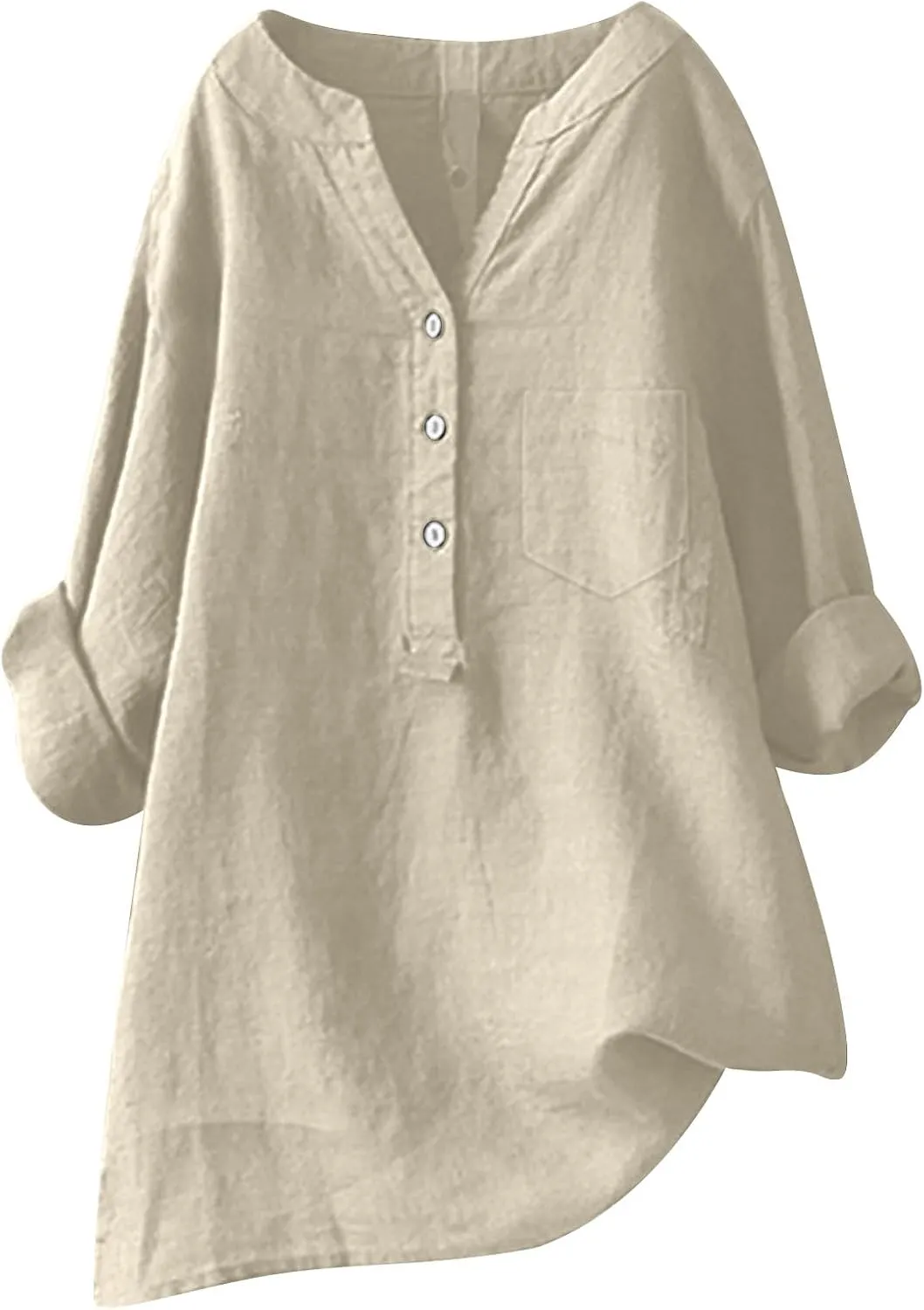 Women Linen Shirts V-Neck Button Down Blouse Collared Soft Tee Tops Short Sleeve Loose Shirts