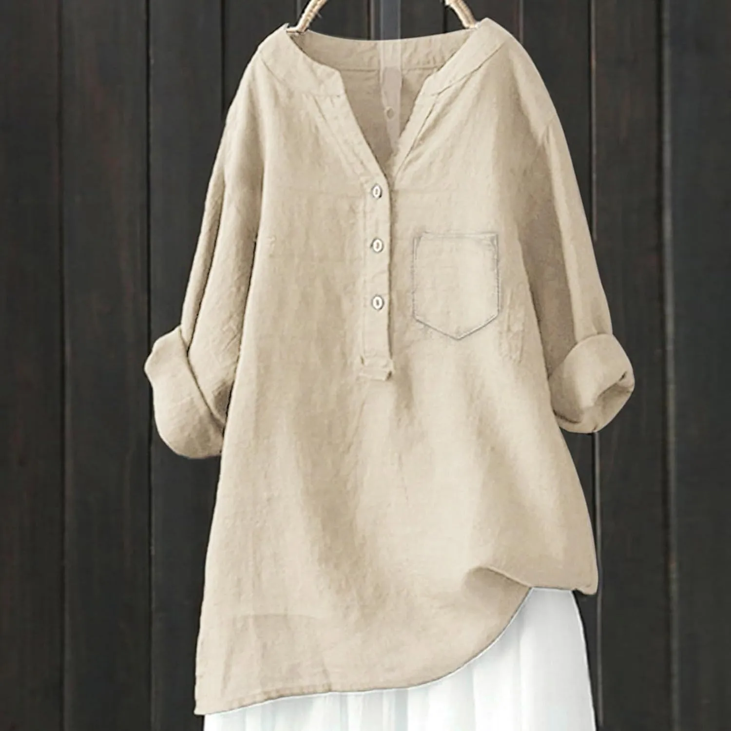 Women Linen Shirts V-Neck Button Down Blouse Collared Soft Tee Tops Short Sleeve Loose Shirts