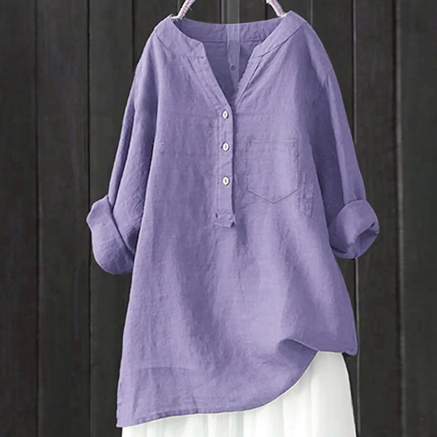 Women Linen Shirts V-Neck Button Down Blouse Collared Soft Tee Tops Short Sleeve Loose Shirts