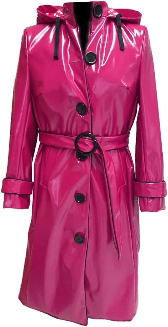 Women PVC Shiny Leather Hooded Light Weighted Raincoat Stylish Trench Long Coat
