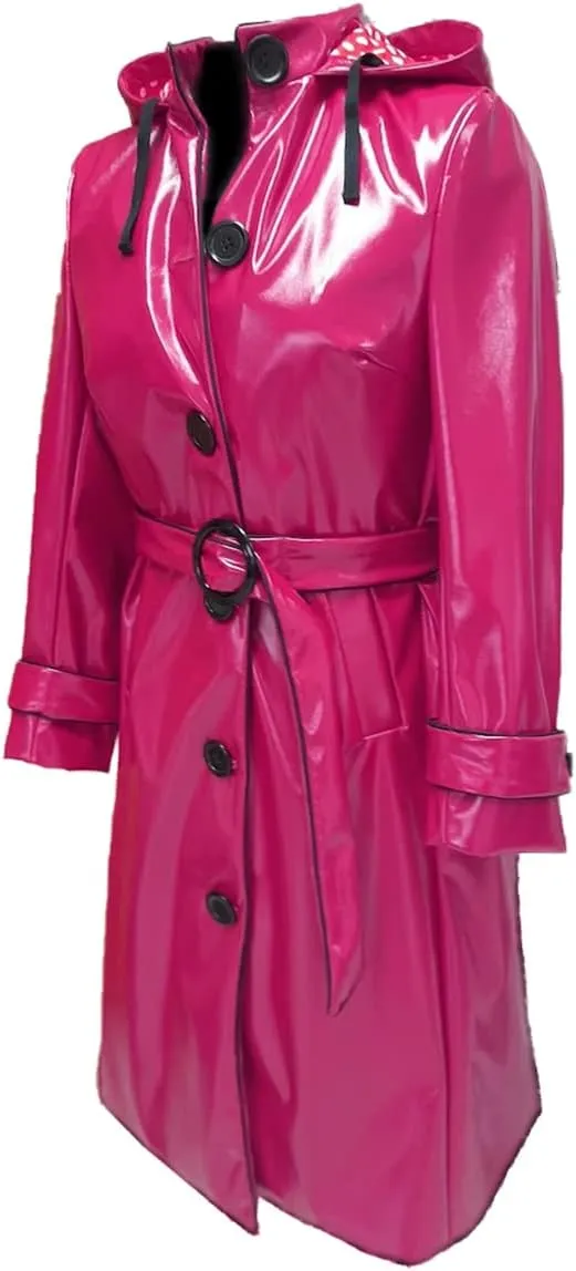 Women PVC Shiny Leather Hooded Light Weighted Raincoat Stylish Trench Long Coat