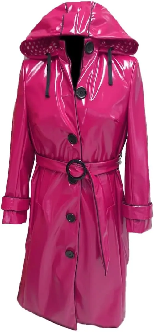 Women PVC Shiny Leather Hooded Light Weighted Raincoat Stylish Trench Long Coat