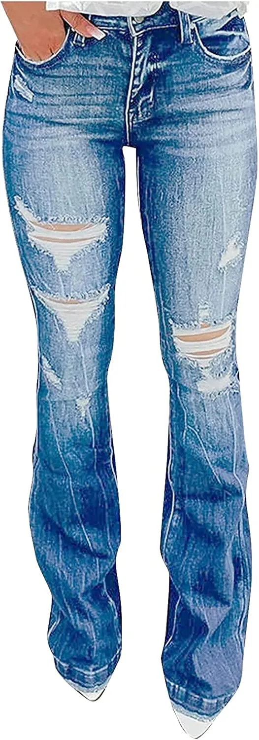 Women Stretch Skinny Ripped Jeans Hight Elastic Waisted Hole Denim Pants Distressed Destroyed Jean Trousers (2X-Large,Light Blue)