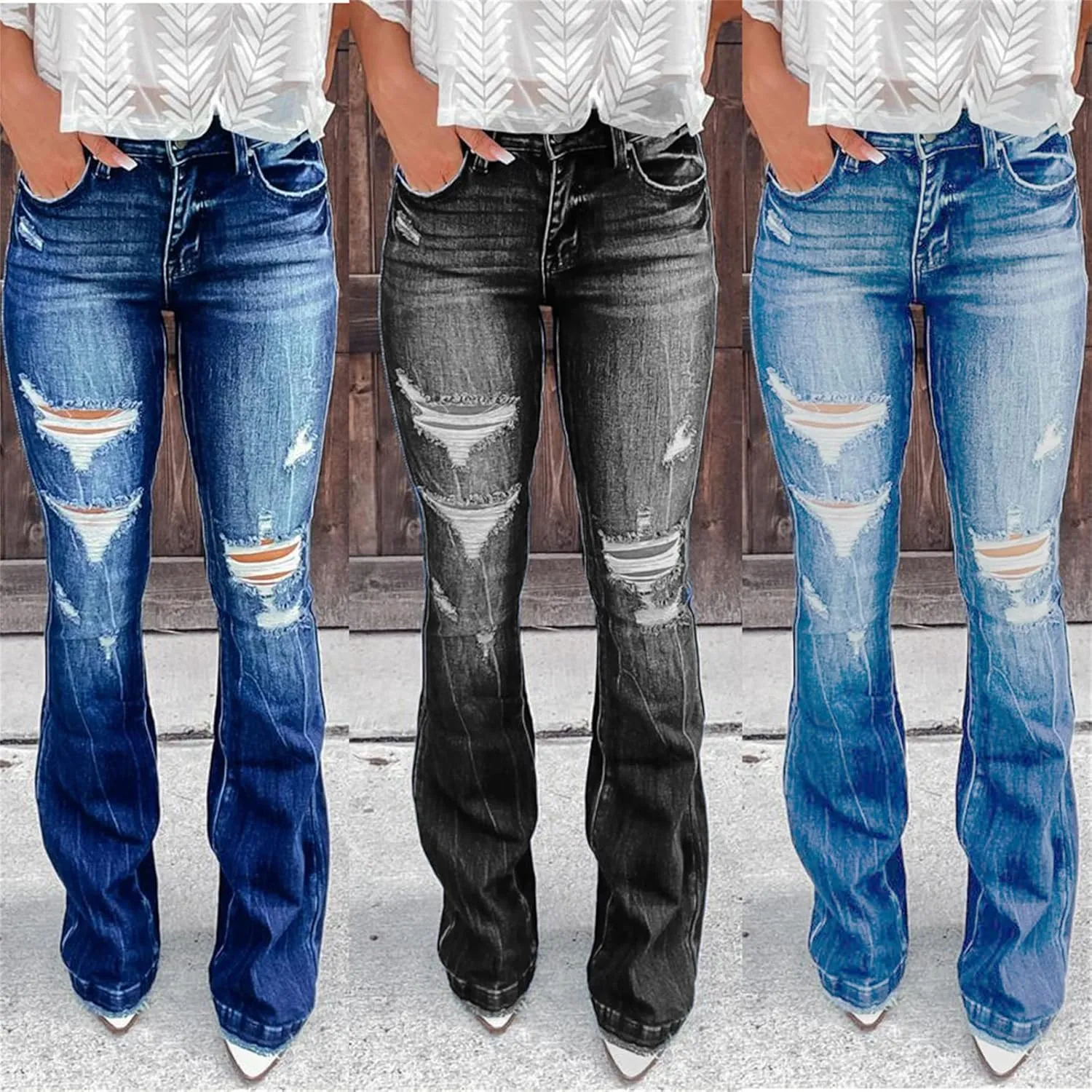 Women Stretch Skinny Ripped Jeans Hight Elastic Waisted Hole Denim Pants Distressed Destroyed Jean Trousers (2X-Large,Light Blue)