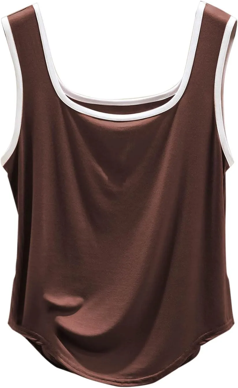 Women Tank Top Summer Fashion Clock Block Sleeveless Square Neck Shirt Casual Lightweight Breathable Athletic Blouse
