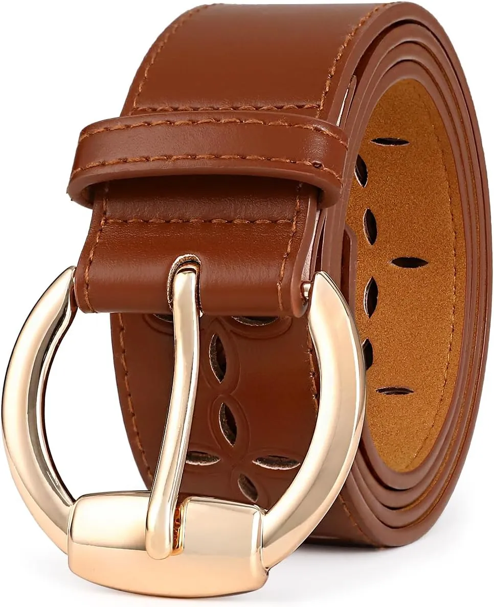 Women's Black Leather Belt with Gold Buckle Hollow Women's Belt Stylish Accessory for Dresses Skirts Jeans