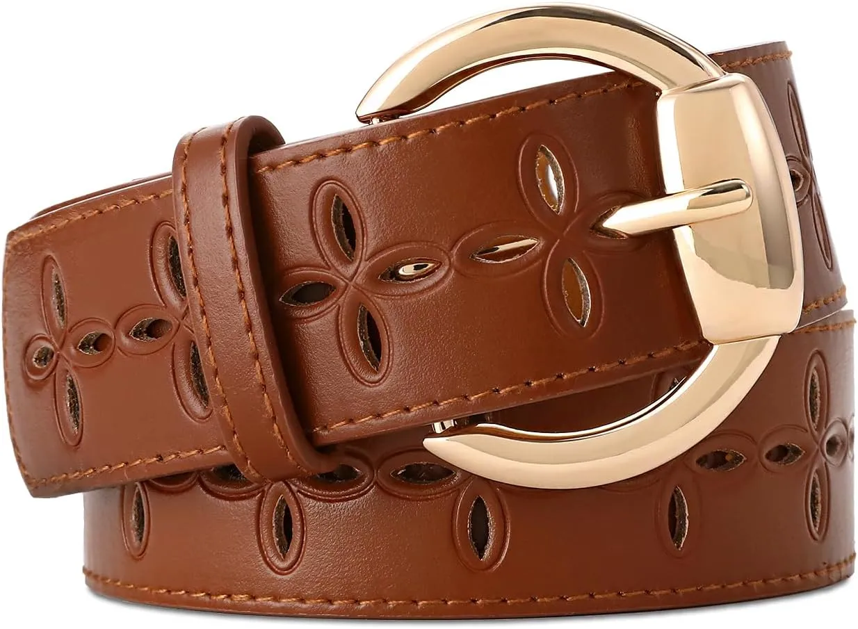 Women's Black Leather Belt with Gold Buckle Hollow Women's Belt Stylish Accessory for Dresses Skirts Jeans