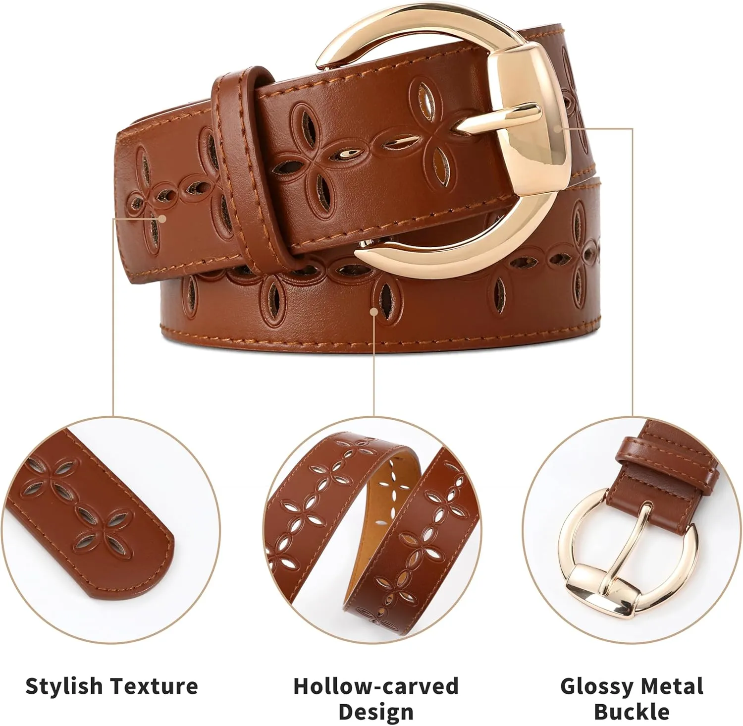 Women's Black Leather Belt with Gold Buckle Hollow Women's Belt Stylish Accessory for Dresses Skirts Jeans
