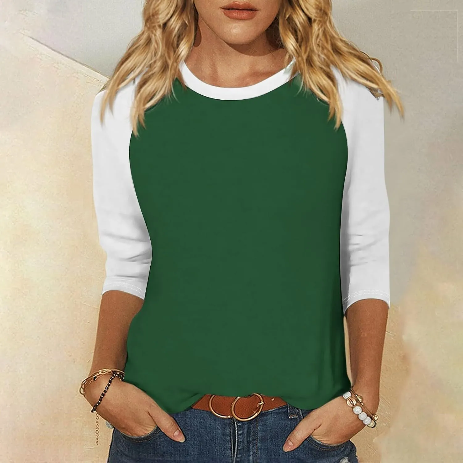 Womens Color Block Tee Crewneck 3/4 Sleeve Summer Top Pullover Lightweight Stretch Soft T Shirts 2025 Trendy Outfits