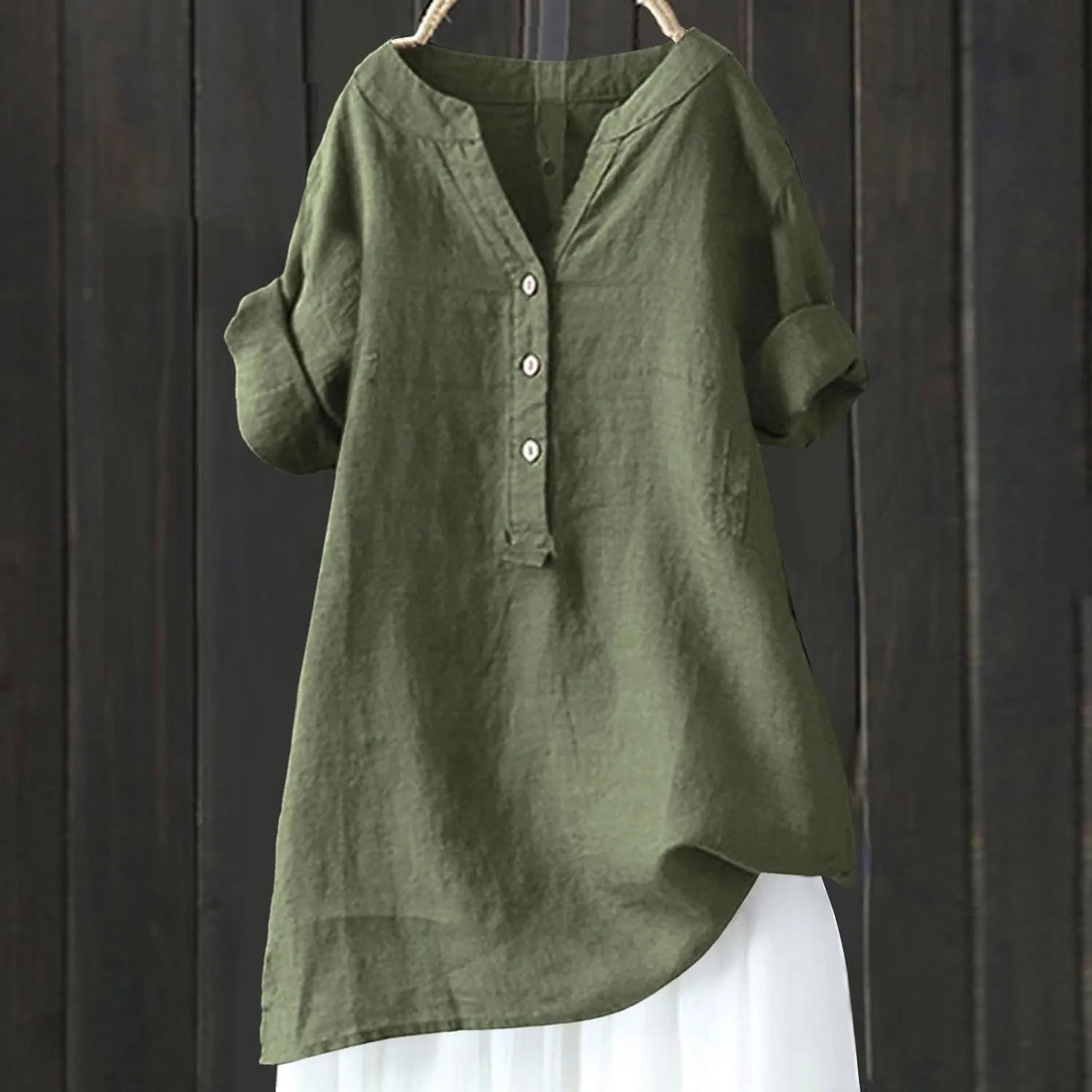 Womens Cotton Linen Shirts Short Sleeve V Neck Soft Button Down Tops Summer Lightweight Tunic Top to Wear with Leggings S-5X