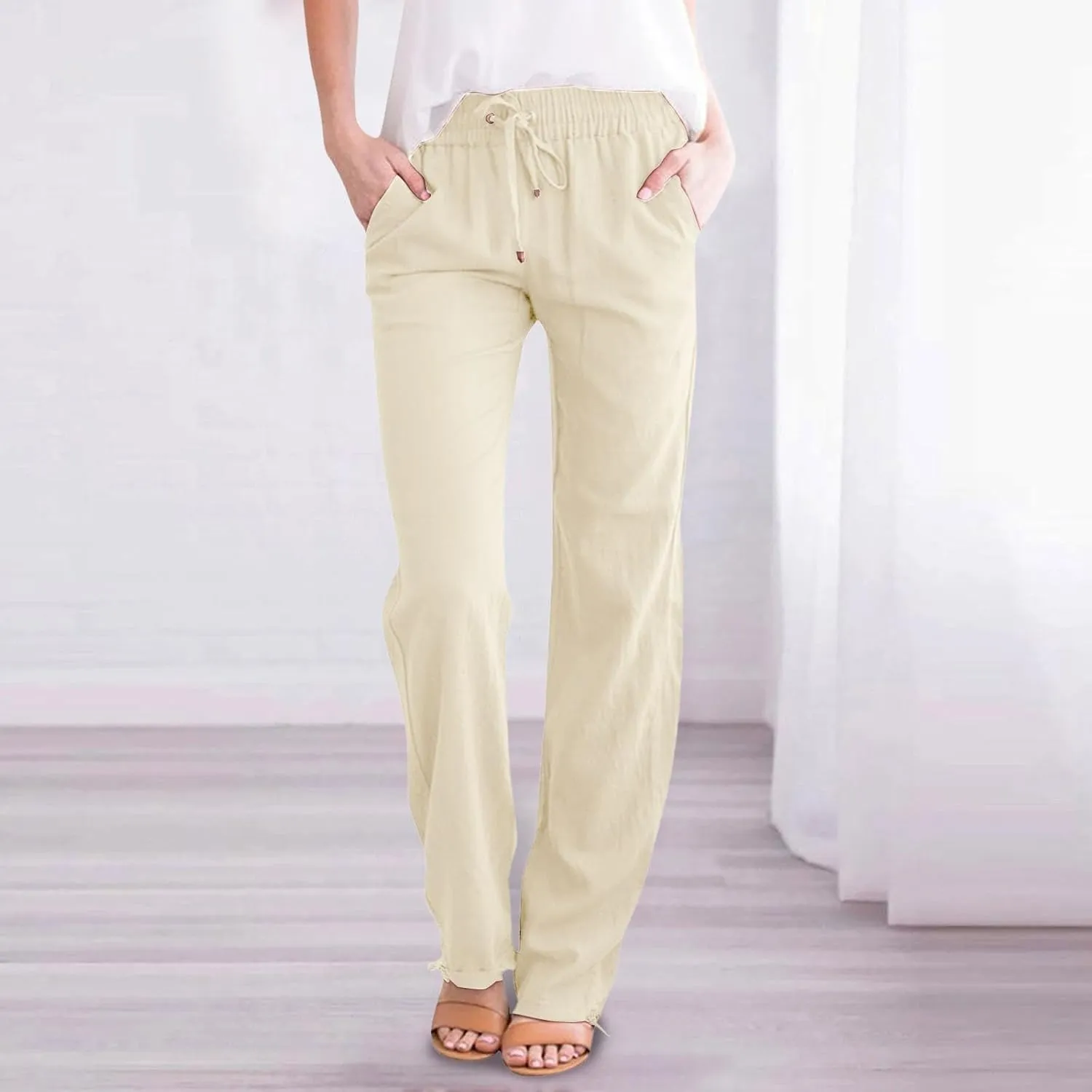 Women's Linen Capri Pants mom Jeans high Waisted Light Weight Pants for Women Summer Travel Linen Pants Wrinkle Free