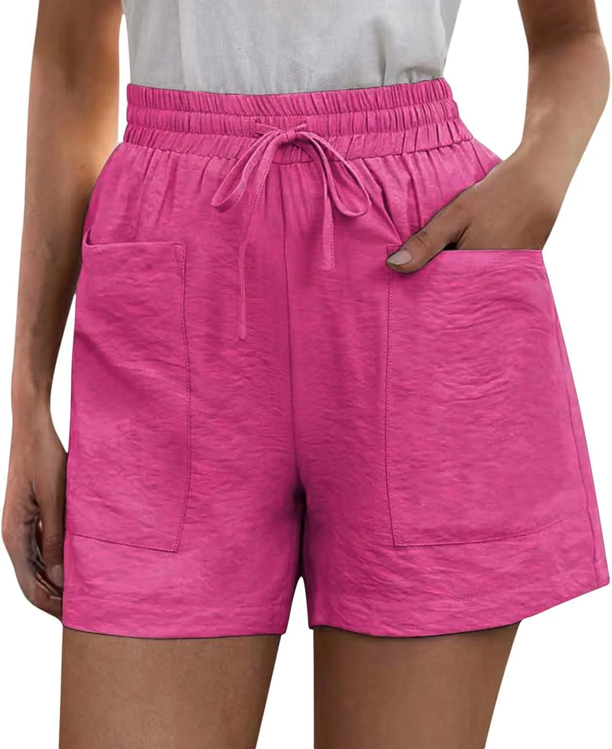 Womens Linen Shorts Summer Casual High Waisted Drawstring Elastic Shorts Cotton Wide Leg Summer Casual Shorts with Pockets