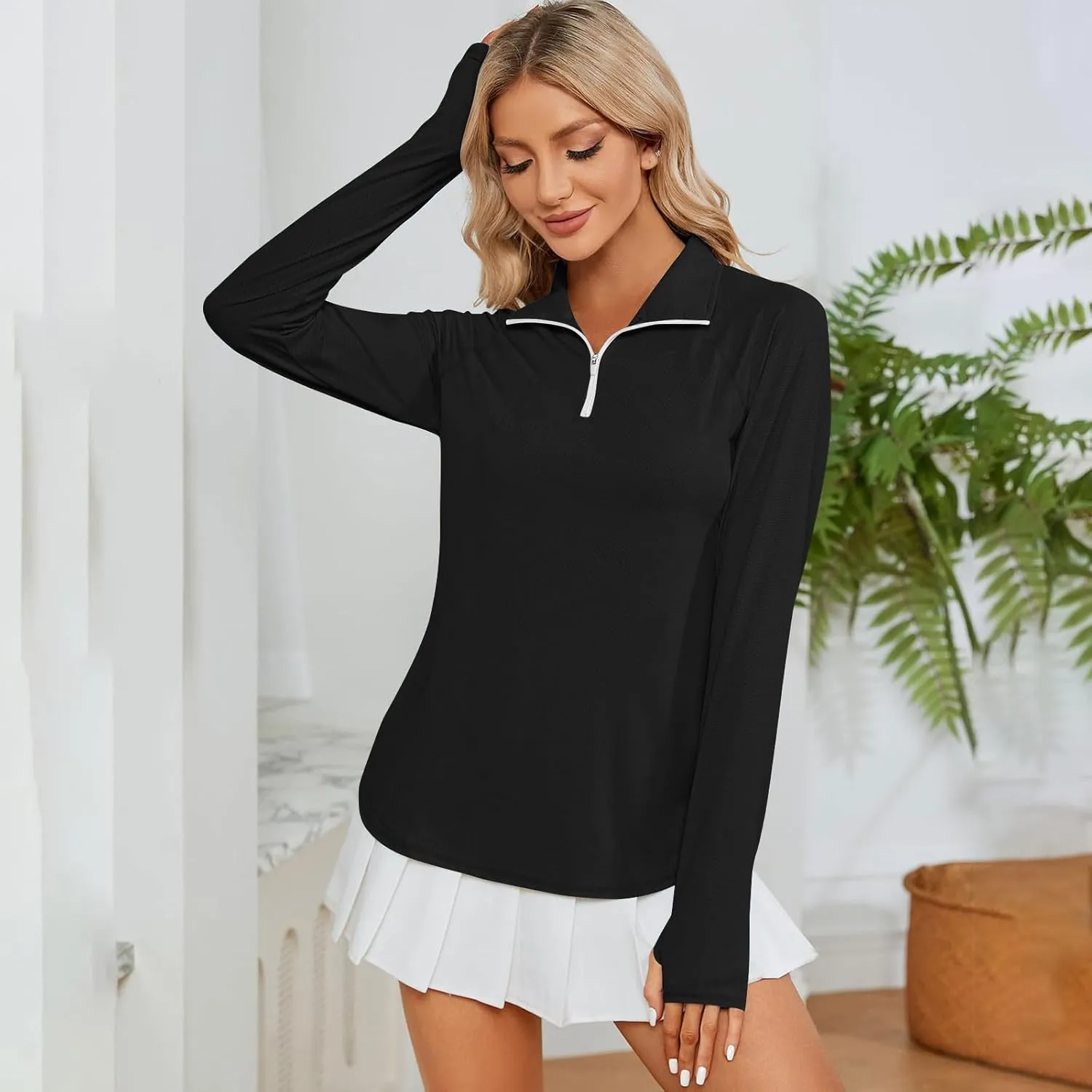 Women's UV Sun Protection 1/4 Zip Shirts Long Sleeve Rash Guard T-Shirt Lightweight Quick Dry Workout Running Tops