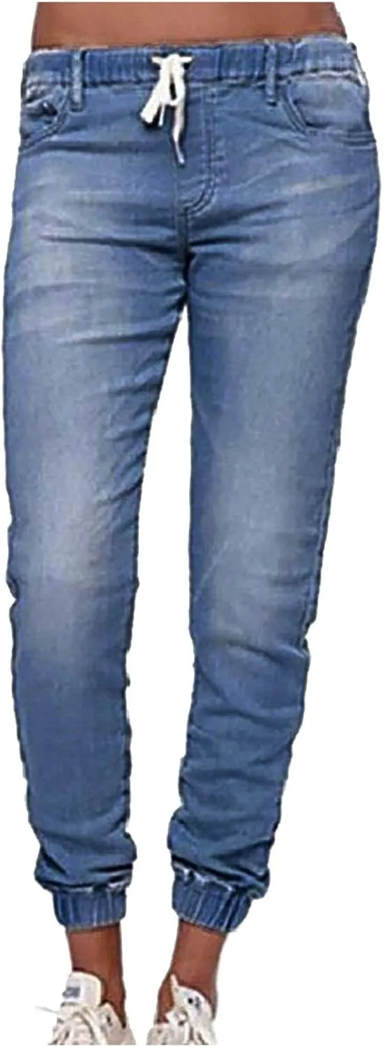 XUETON Womens Casual Elastic Waisted Drawstring Jeans Stretch Skinny Beam Feet Denim Pants Trousers Light Blue